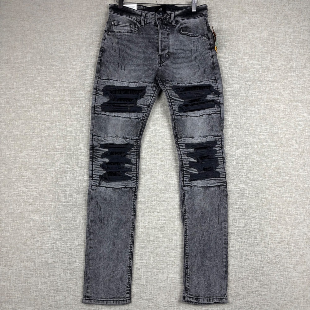 HM Mens Skinny Fit Stretch Distressed Moto Gray Acid Wash Jeans Size 32